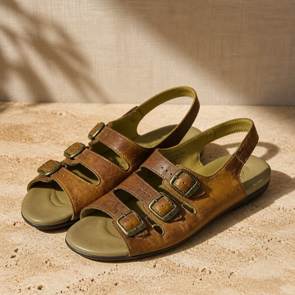 The Leather Collection Strappy Buckle Slingback Brown Leather Sandals Womens 8